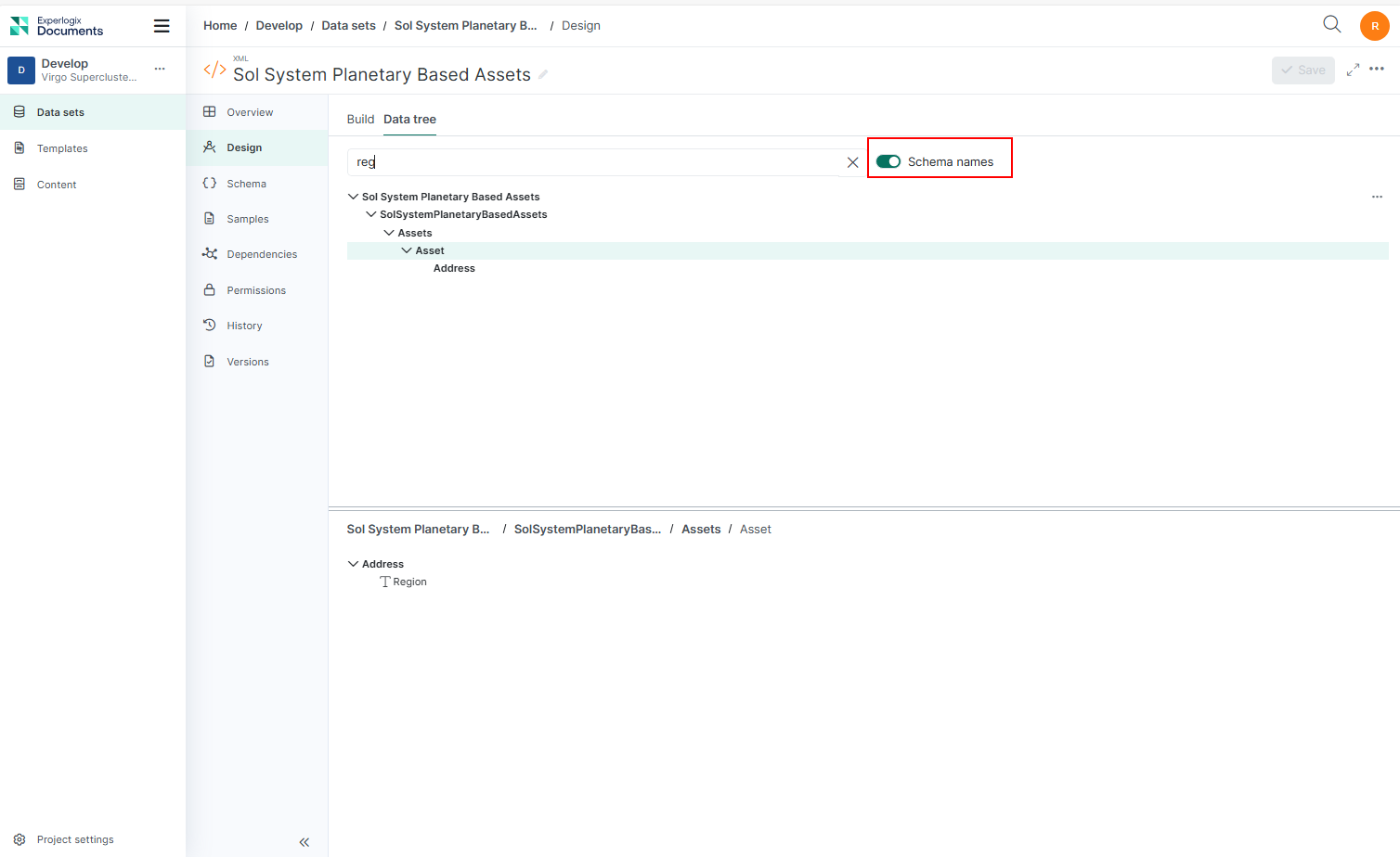 schema toggle for Data Sets Design tab data tree view