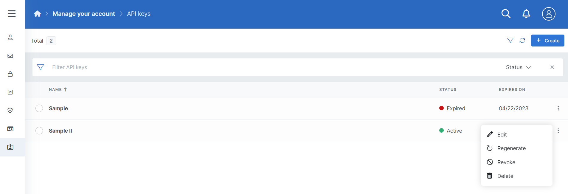 API Key list view context menu