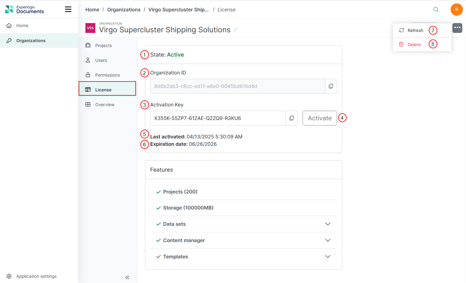 Organization license tab view