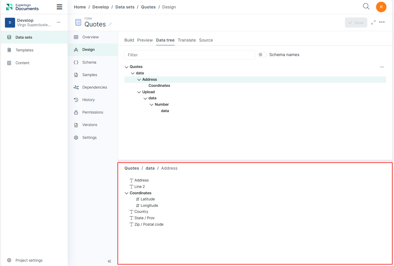 the Field list area inisde Data Sets Design tab data tree view