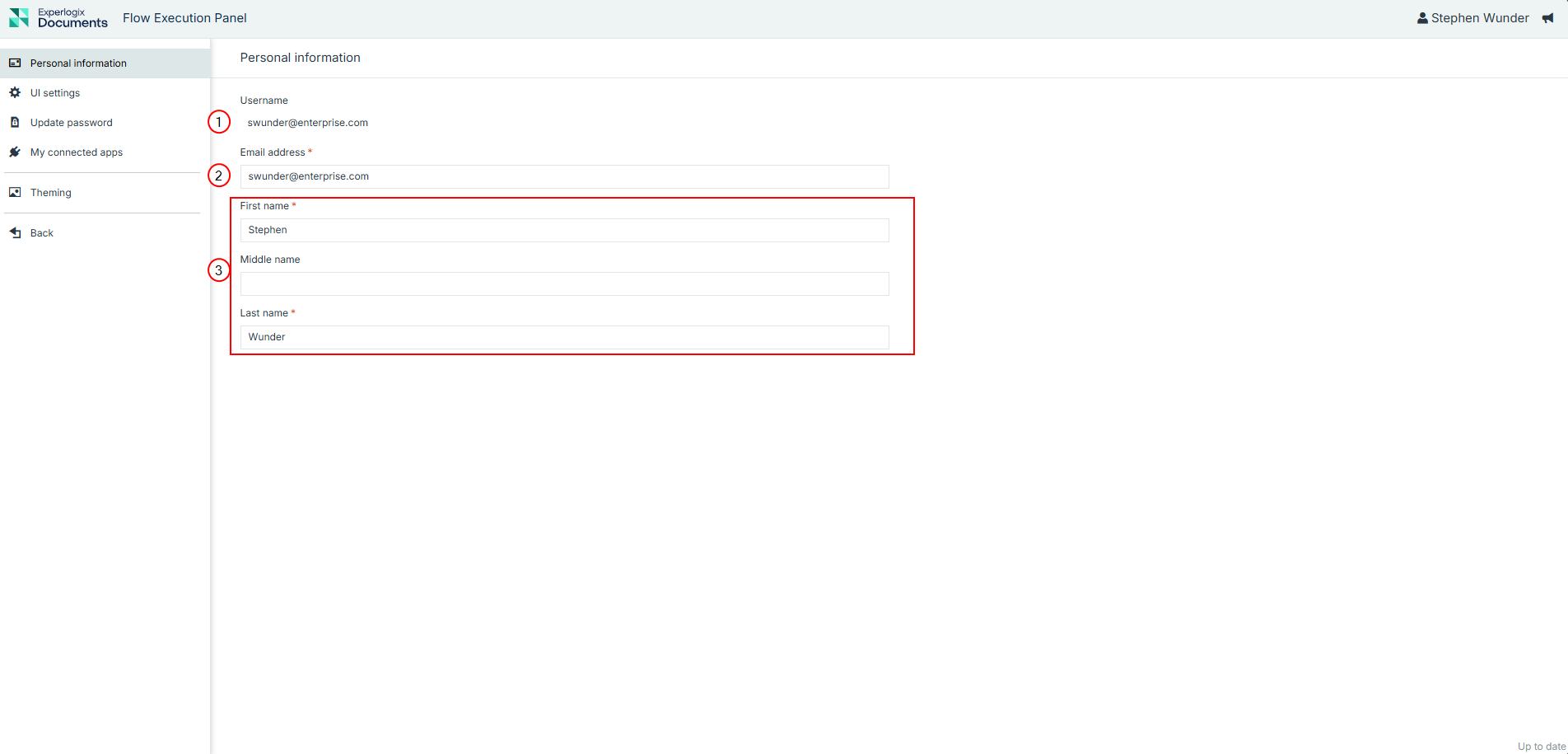 Displays fields for managing user profile details such as name, email, and username.
