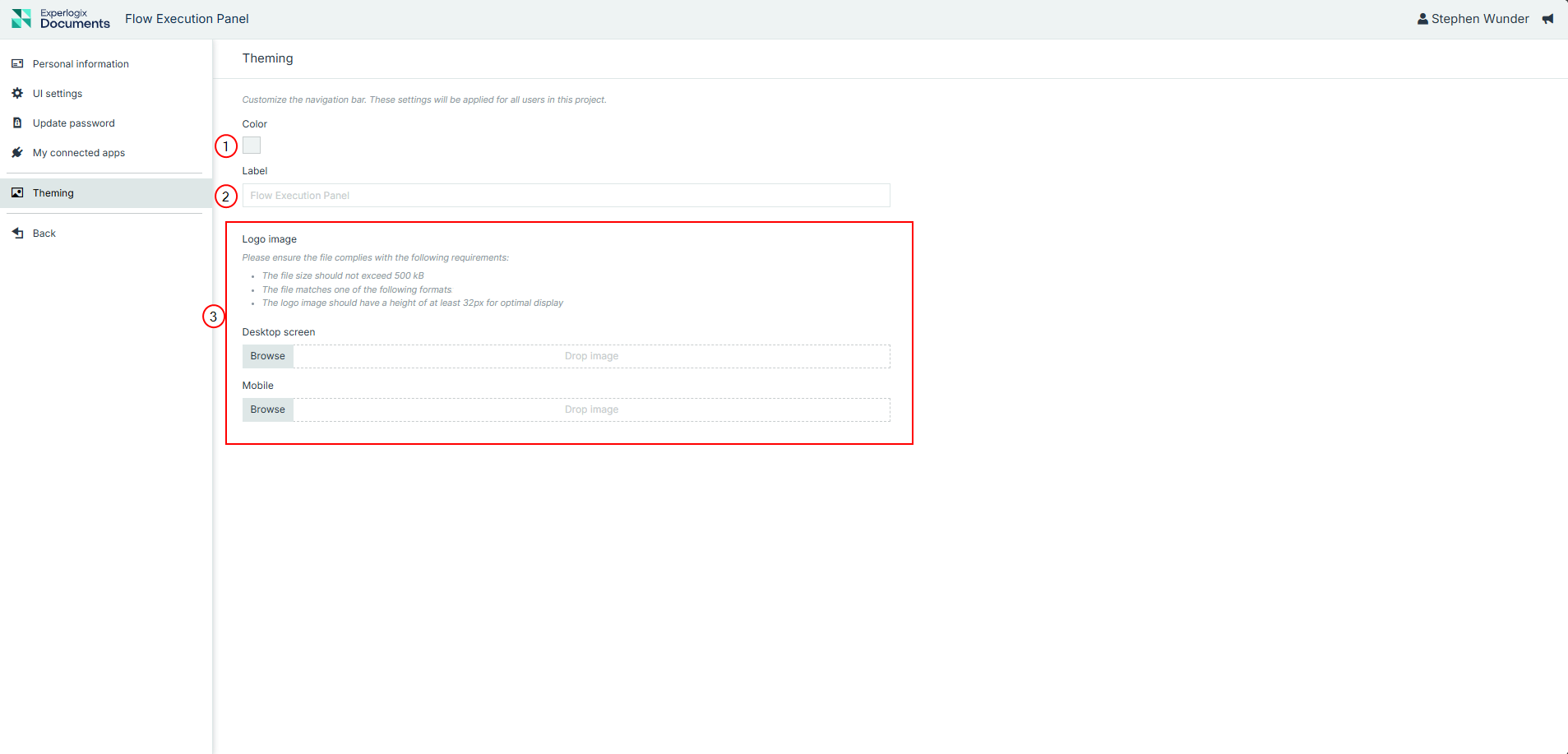 Shows customization options for branding, including color, logo, and display name.