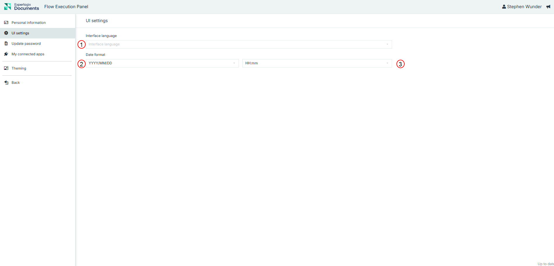 Shows options for configuring interface preferences, including language and date-time format.