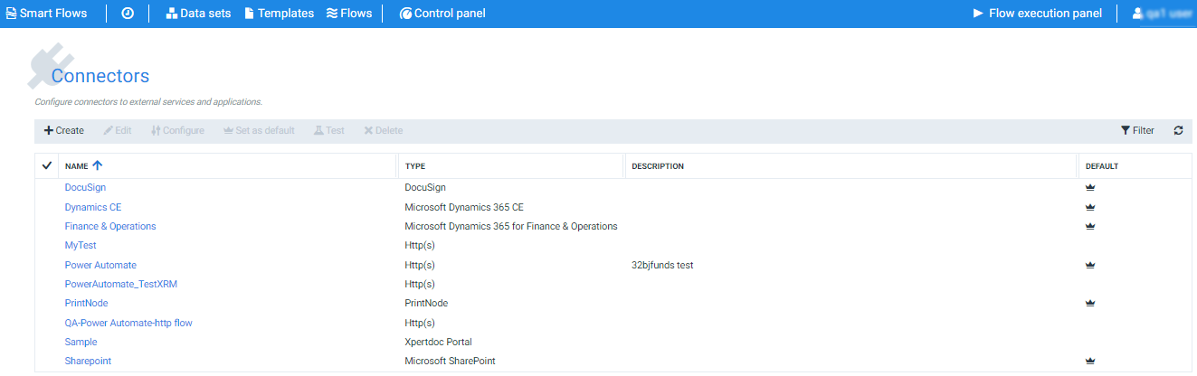 Connectors List view