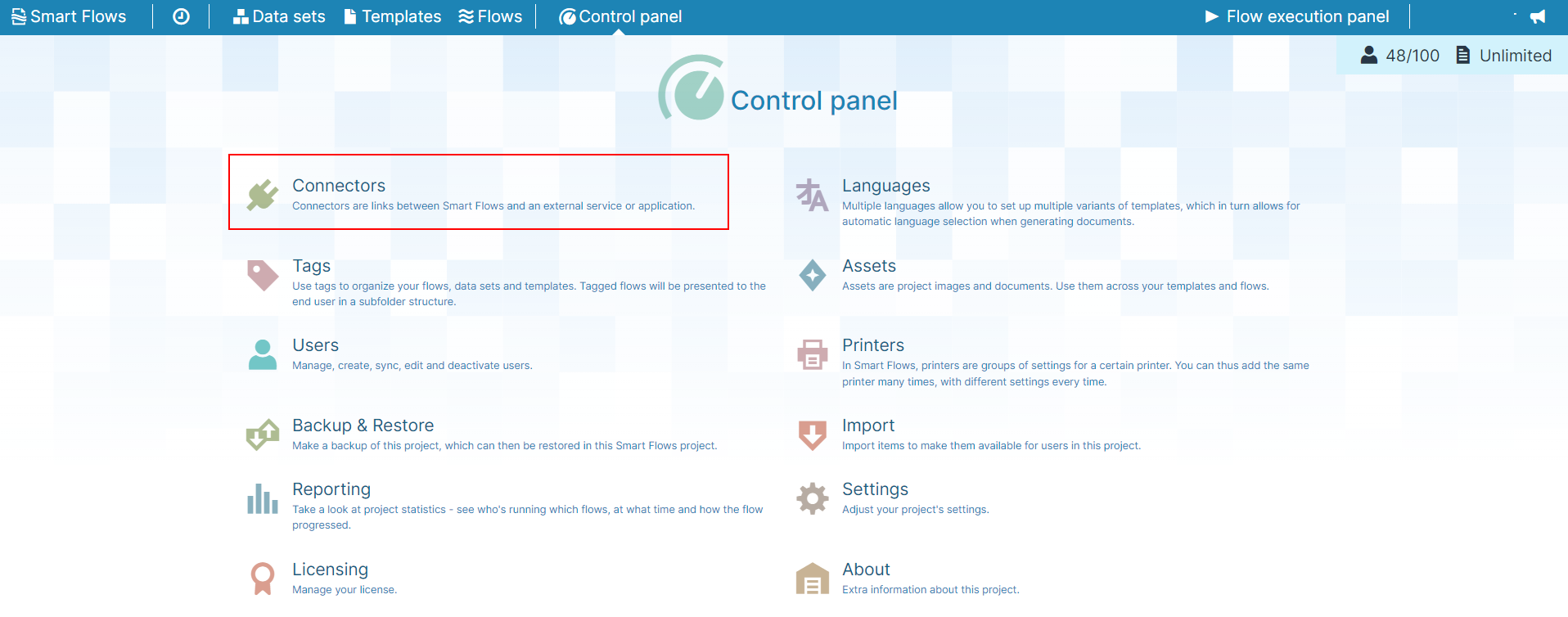 Project Console’s Control Panel showing the Connectors button highlighted