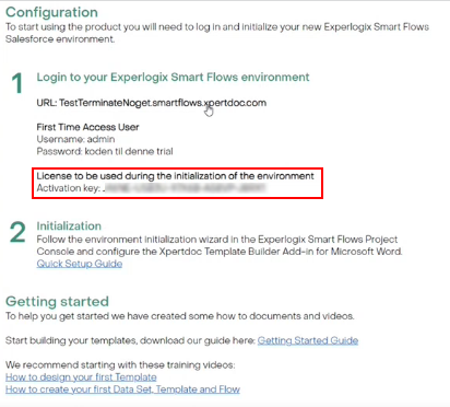 Email containing Activation key