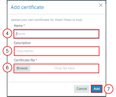 Add certificates dialog with fields for Name, Description, and file upload