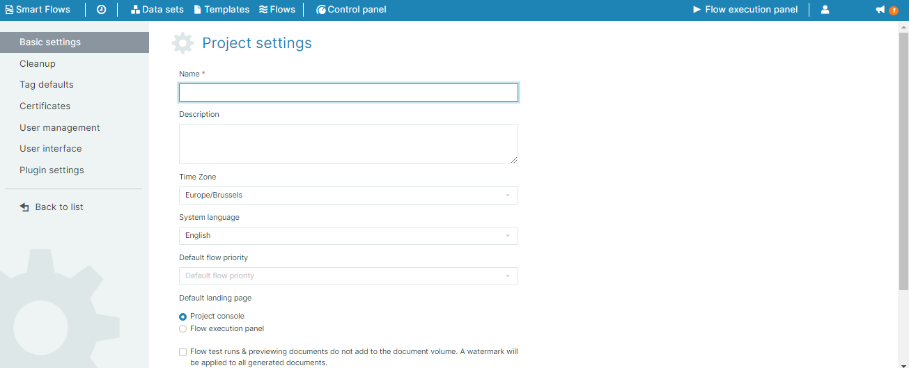 Project settings page showing Basic Settings options