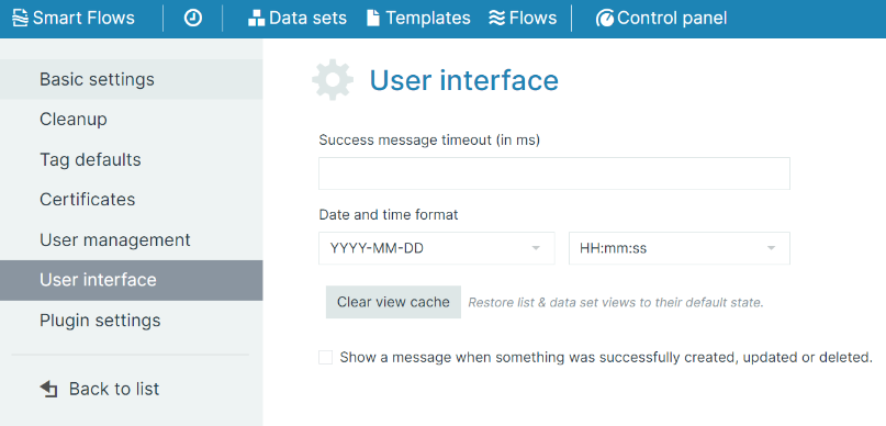 User interface settings for success message timeout and date format.