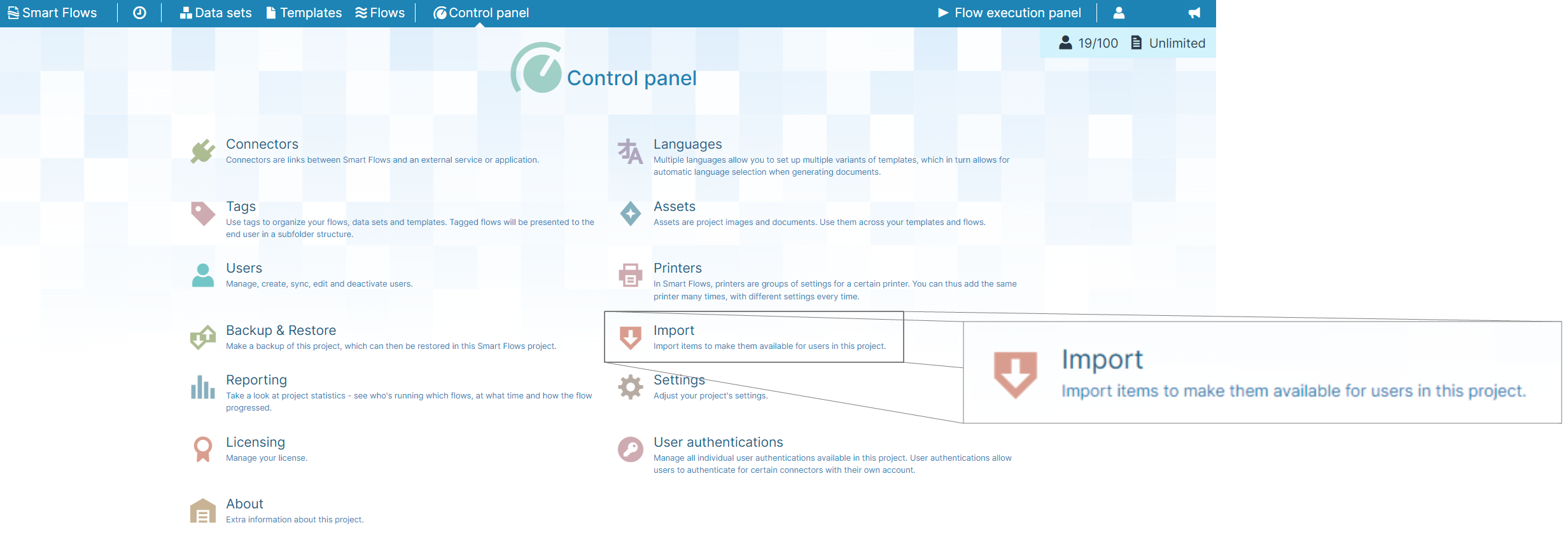Smart Flows Control Panel-Import button